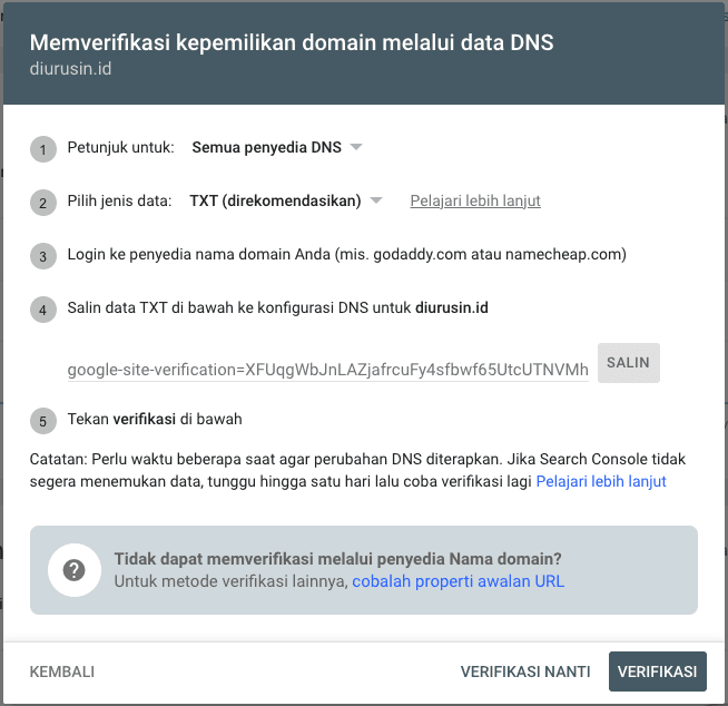 Memverifikasi kepemilikan domain melalui data DNS
